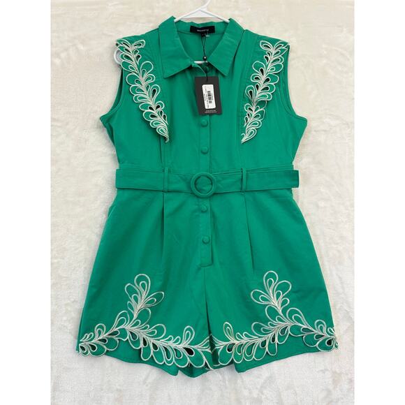 Beulah Pants - NWT Beulah style Green Romper L Embroidered Scalloped Cutout